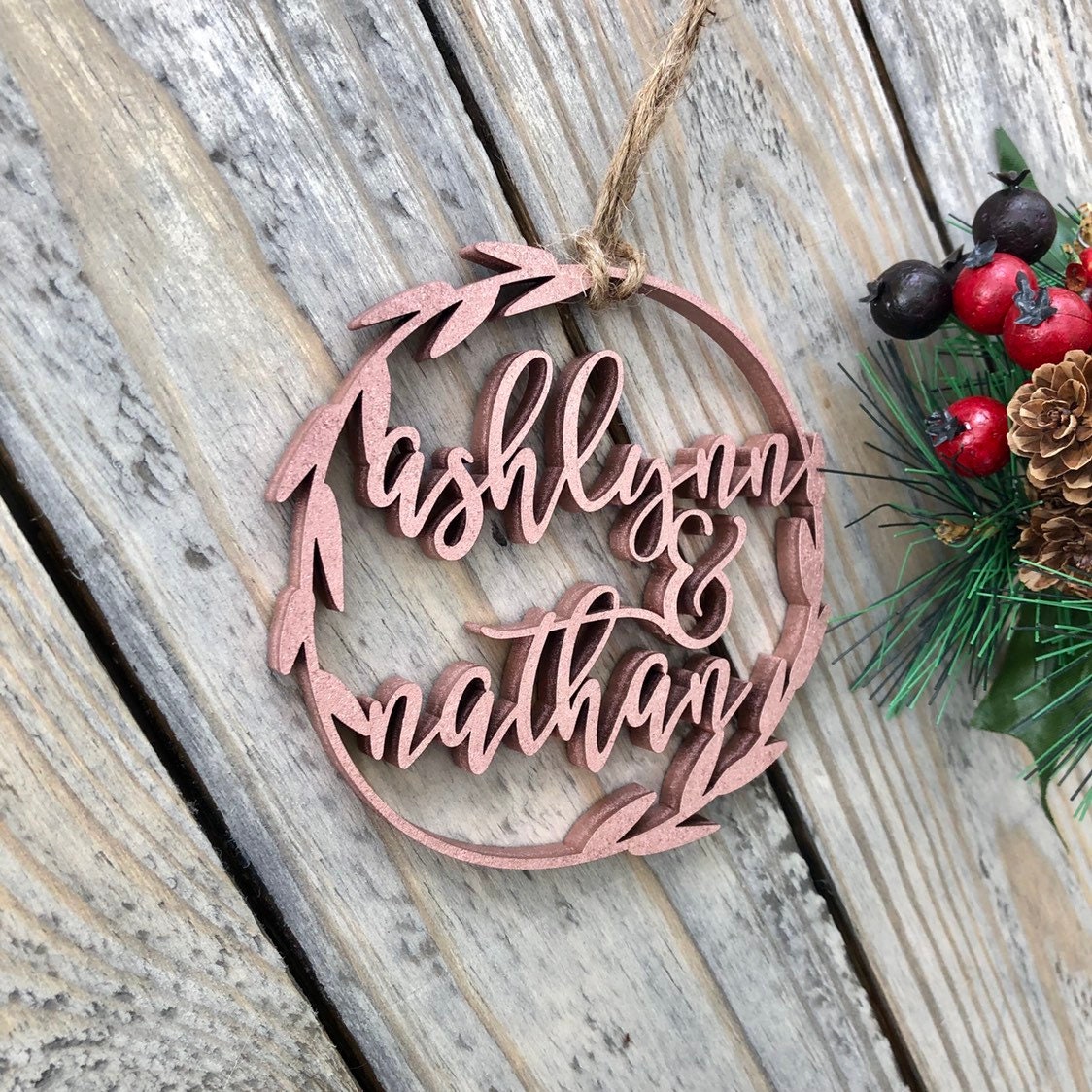 2025 Personalized Couple Ornament - Custom Two Name Wood Gift - Engagement, Anniversary & Valentine's Day Present