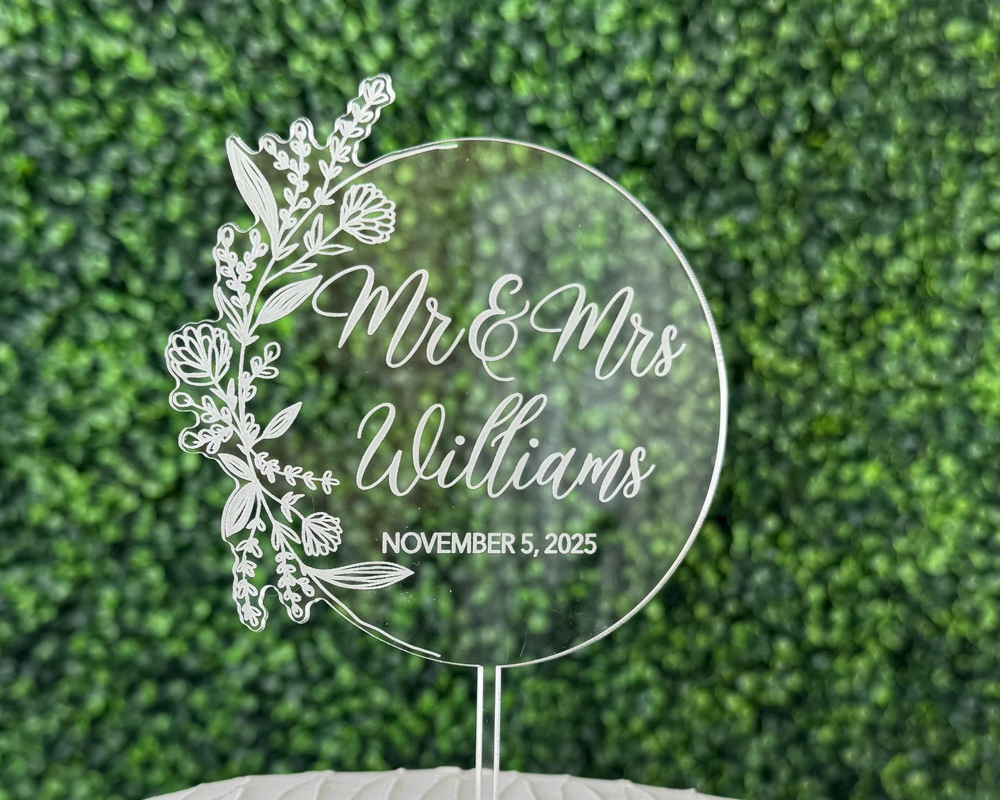 Personalized Mr & Mrs Cake Topper | Engraved Clear Acrylic Wedding Topper with Names Date | Floral Custom Wedding Decor