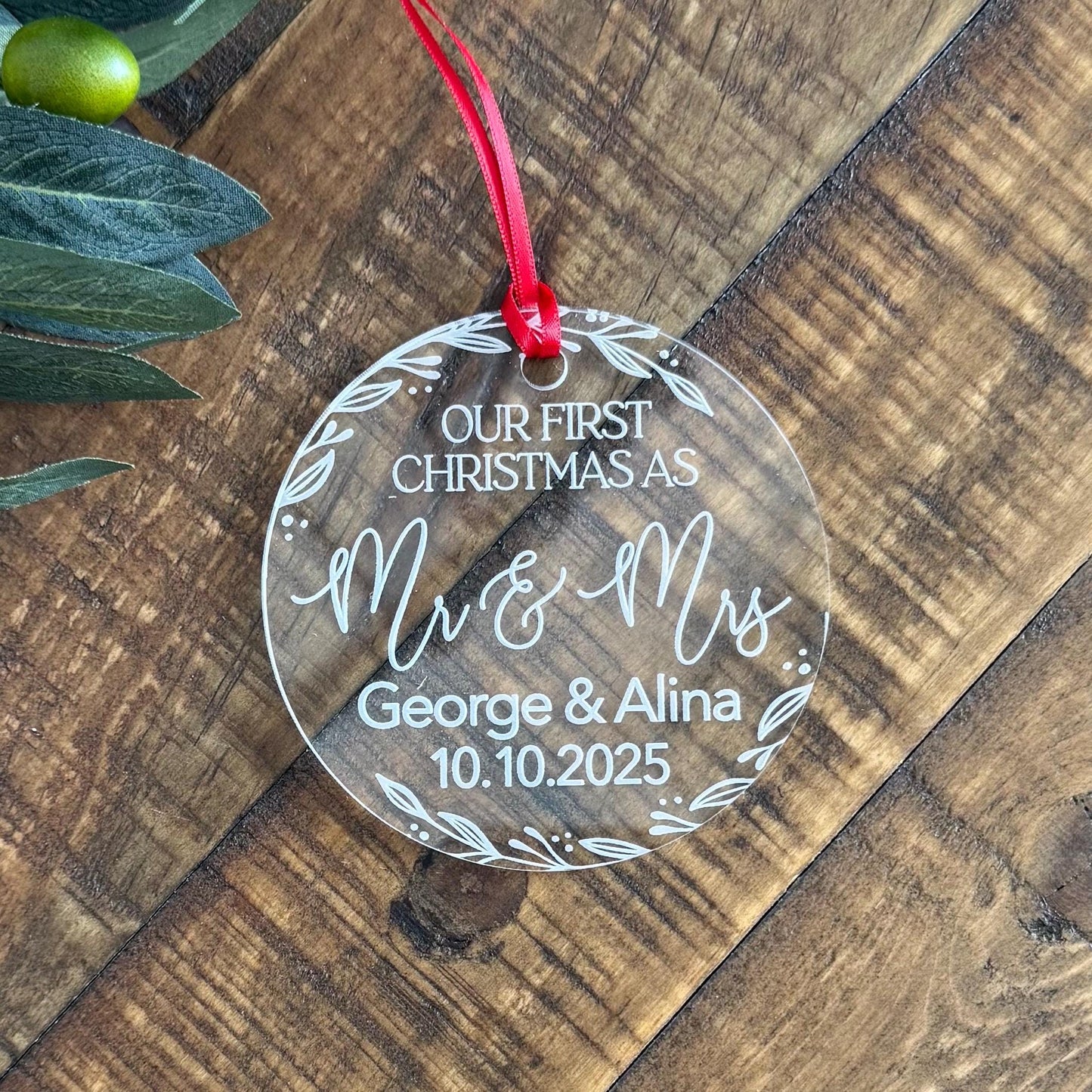 Personalized First Christmas Ornament Acrylic | Engraved Wedding Ornament with Names and Date | Newlywed Mr & Mrs Holiday Keepsake