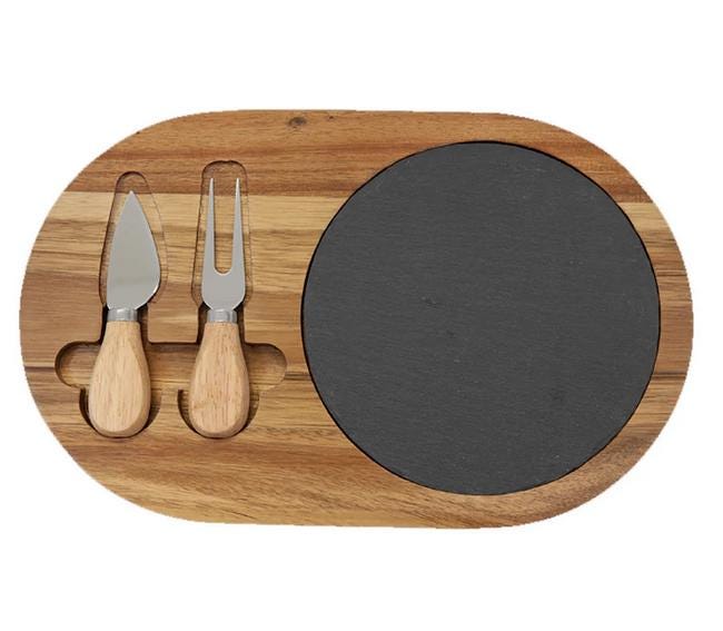 Personalized Acacia Wood Slate Oval Cheese Set with 2 Tools, Engraved Name or Logo