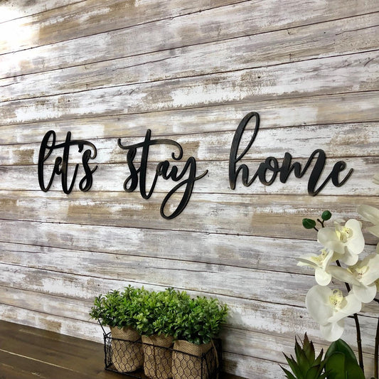 Let's Stay Home Cursive Wood Sign - Hygge Living Room Wall Decor - Master Bedroom Above Couch Sign - Cozy Housewarming Gift