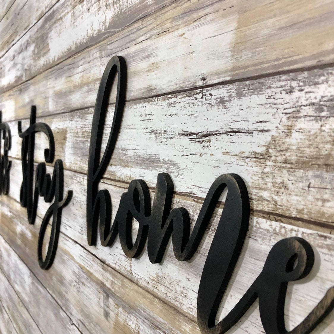 Let's Stay Home Cursive Wood Sign - Hygge Living Room Wall Decor - Master Bedroom Above Couch Sign - Cozy Housewarming Gift