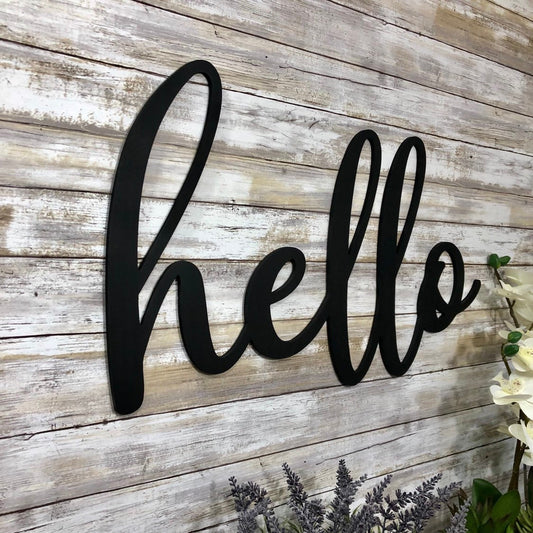 Hello Wood Sign - Farmhouse Entryway Decor - Script Word Wall Art - Rustic Front Door Welcome Sign - Housewarming Gift