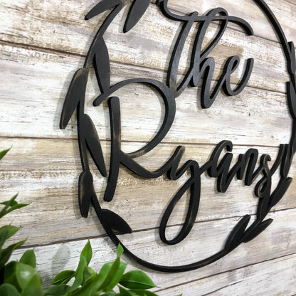 Custom Wreath Sign - Personalized Family Name Door Hanger - Round Farmhouse Porch Decor - Last Name Wedding Gift