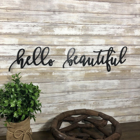 Hello Beautiful Wood Sign - Master Bedroom Wall Decor - Inspirational Vanity Mirror Art - Boho Girls Room Sign - Self Care Gift for Her