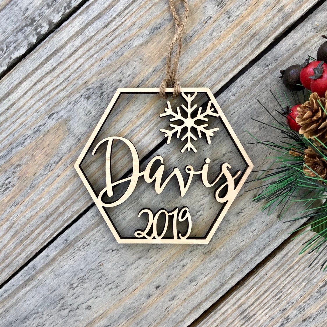 Personalized Wedding Ornament - First Christmas Married Custom Last Name Wood Gift - Dated Newlywed Anniversary Gift