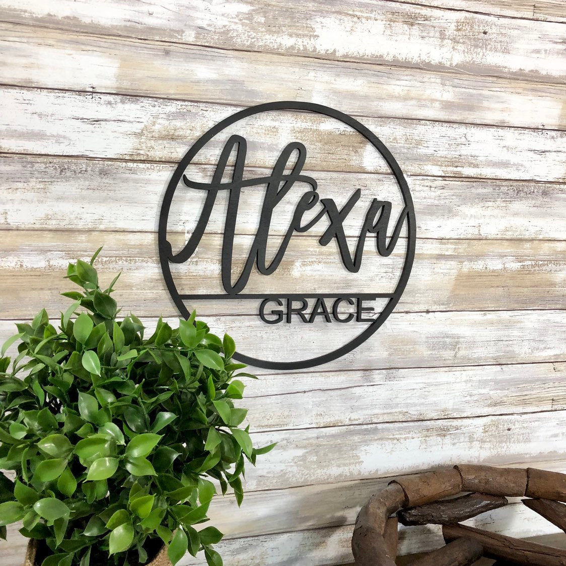 Personalized Little Girl Circle Name Sign - First & Middle Name Wood Sign - 3D Raised Letters - Rose Gold Boho Floral Baby Girl Gift