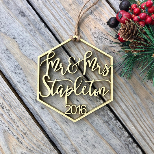 Personalized Name Wood Christmas Ornament - Mr & Mrs Custom Laser Cut Gift - Our First Holiday 2025 Ornament