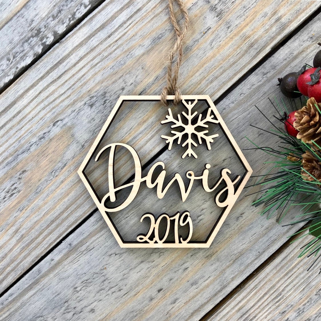 Personalized Wedding Ornament - First Christmas Married Custom Last Name Wood Gift - Dated Newlywed Anniversary Gift