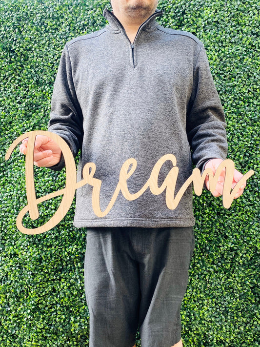 Dream Wood Sign - Inspirational Bedroom Wall Decor - Boho Nursery Name Sign - Minimalist Script Word Art - Motivational Gift for Her