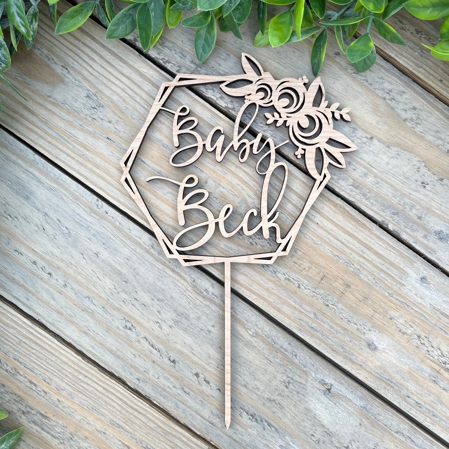 Minimalist Baby Shower Centerpiece Cake Topper - Wood Floral Name Decoration - Welcome Baby Cake Topper