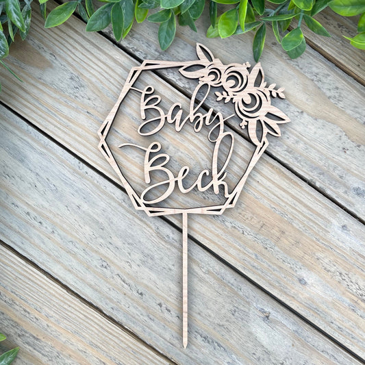 Minimalist Baby Shower Centerpiece Cake Topper - Wood Floral Name Decoration - Welcome Baby Cake Topper