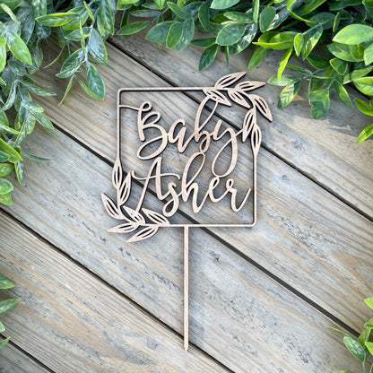 Baby Shower Cake Topper - Floral Calligraphy Wooden Decor - Baby Name Sign - Laurel Wreath Party Decor