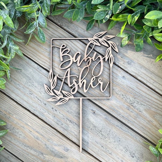 Baby Shower Cake Topper - Floral Calligraphy Wooden Decor - Baby Name Sign - Laurel Wreath Party Decor