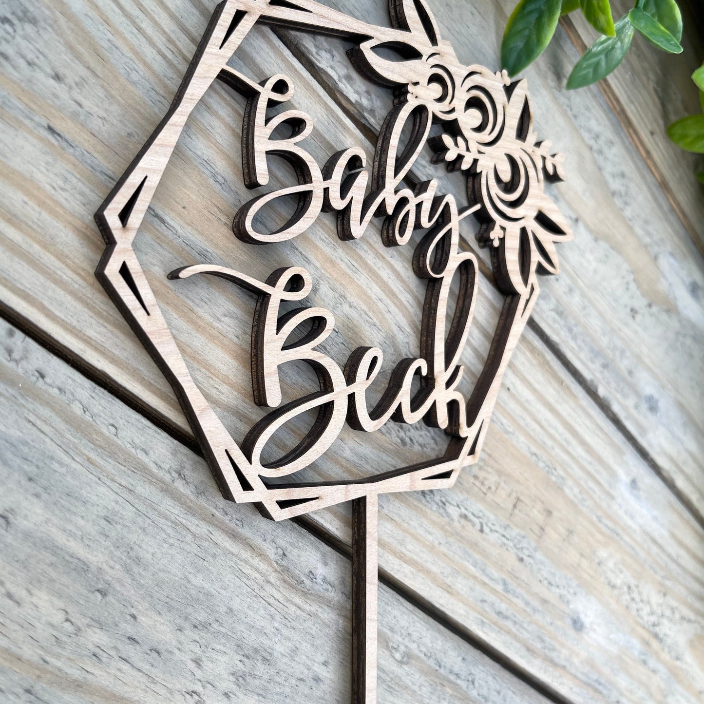Minimalist Baby Shower Centerpiece Cake Topper - Wood Floral Name Decoration - Welcome Baby Cake Topper