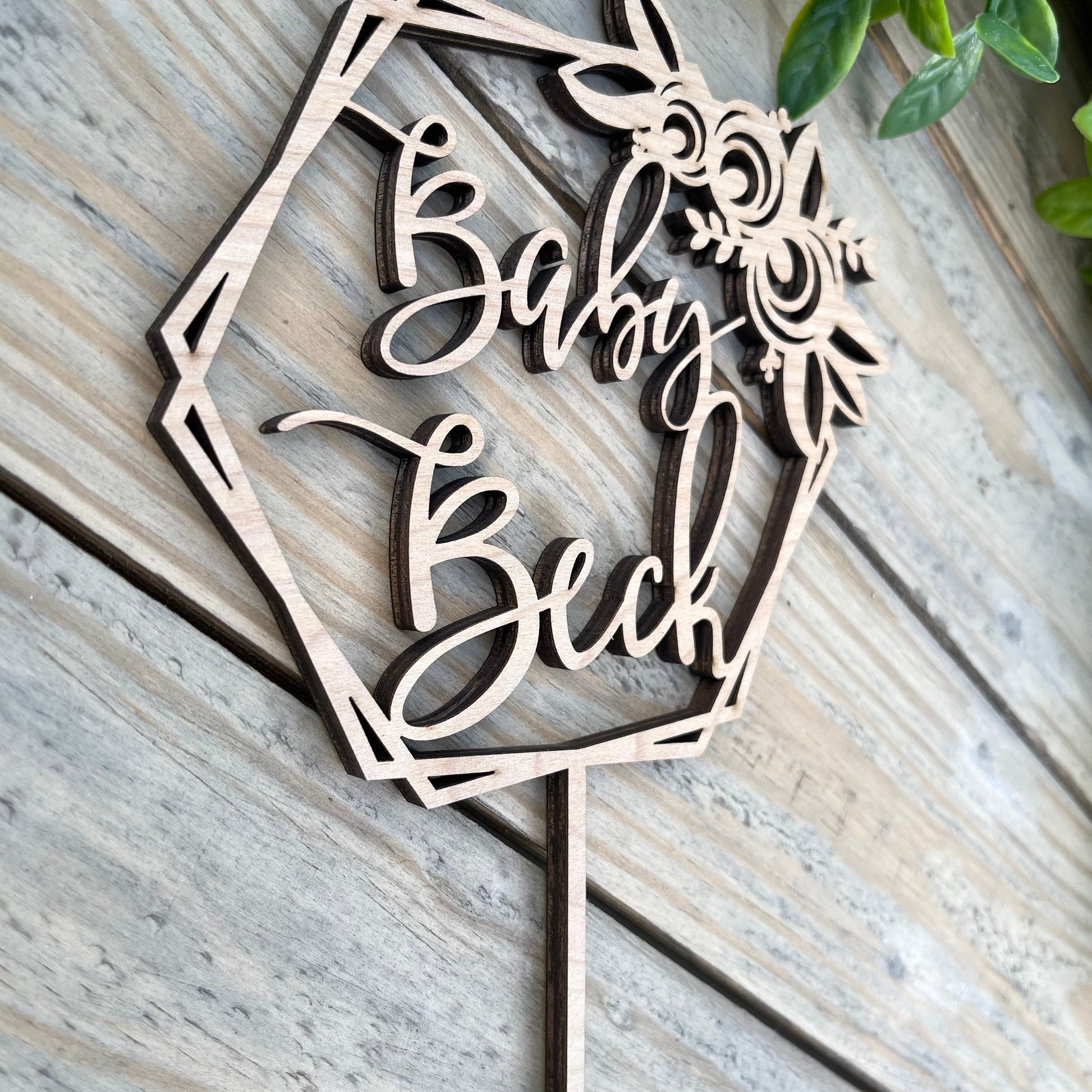 Minimalist Baby Shower Centerpiece Cake Topper - Wood Floral Name Decoration - Welcome Baby Cake Topper