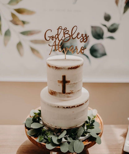 Personalized God Bless Cake Topper - Christening, Baptism, First Communion Special Events - Christian Cake Topper