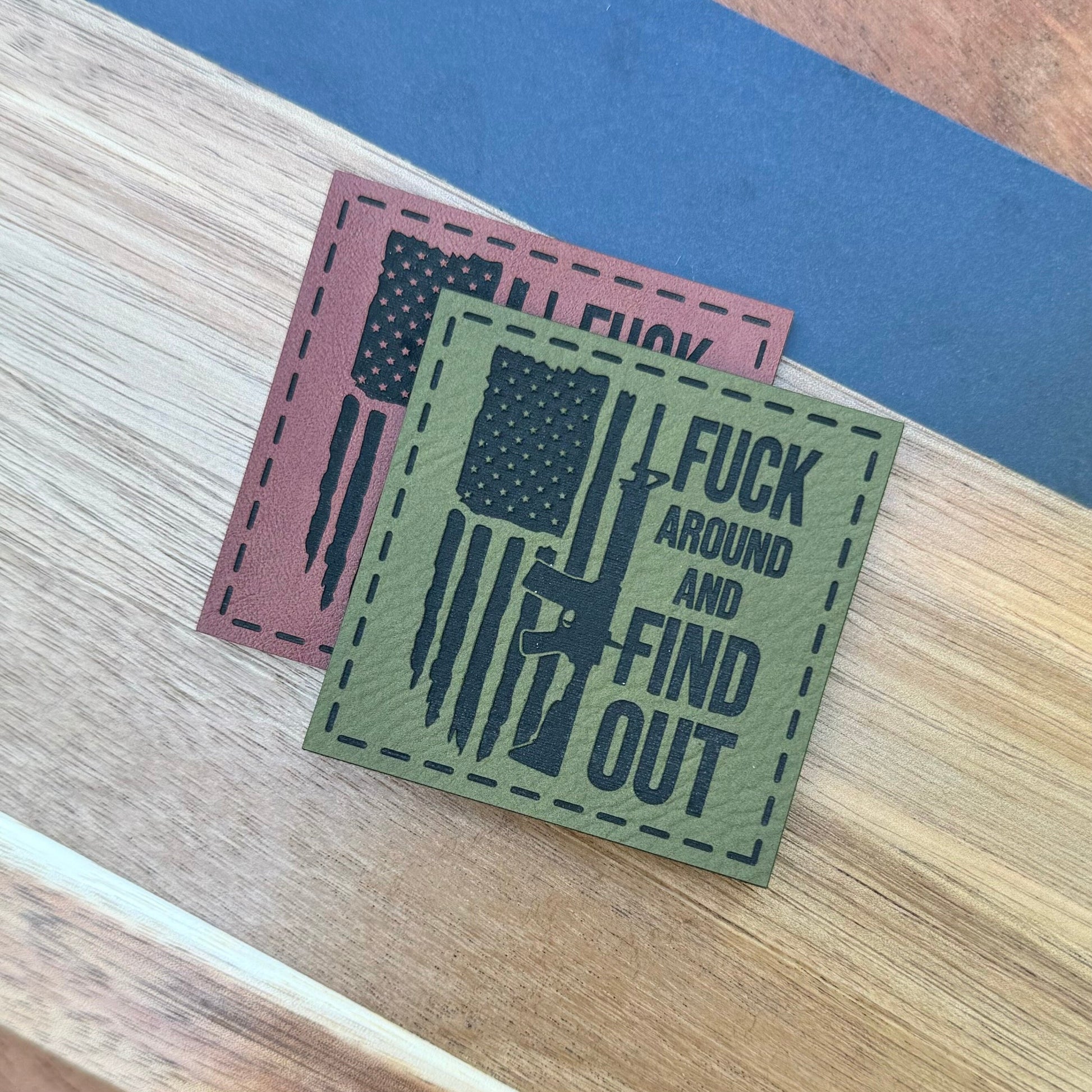 Fuck Around And Find Out Patch for Hats, Carbon Silver Engraved Leatherette, Hunting wholesale patches