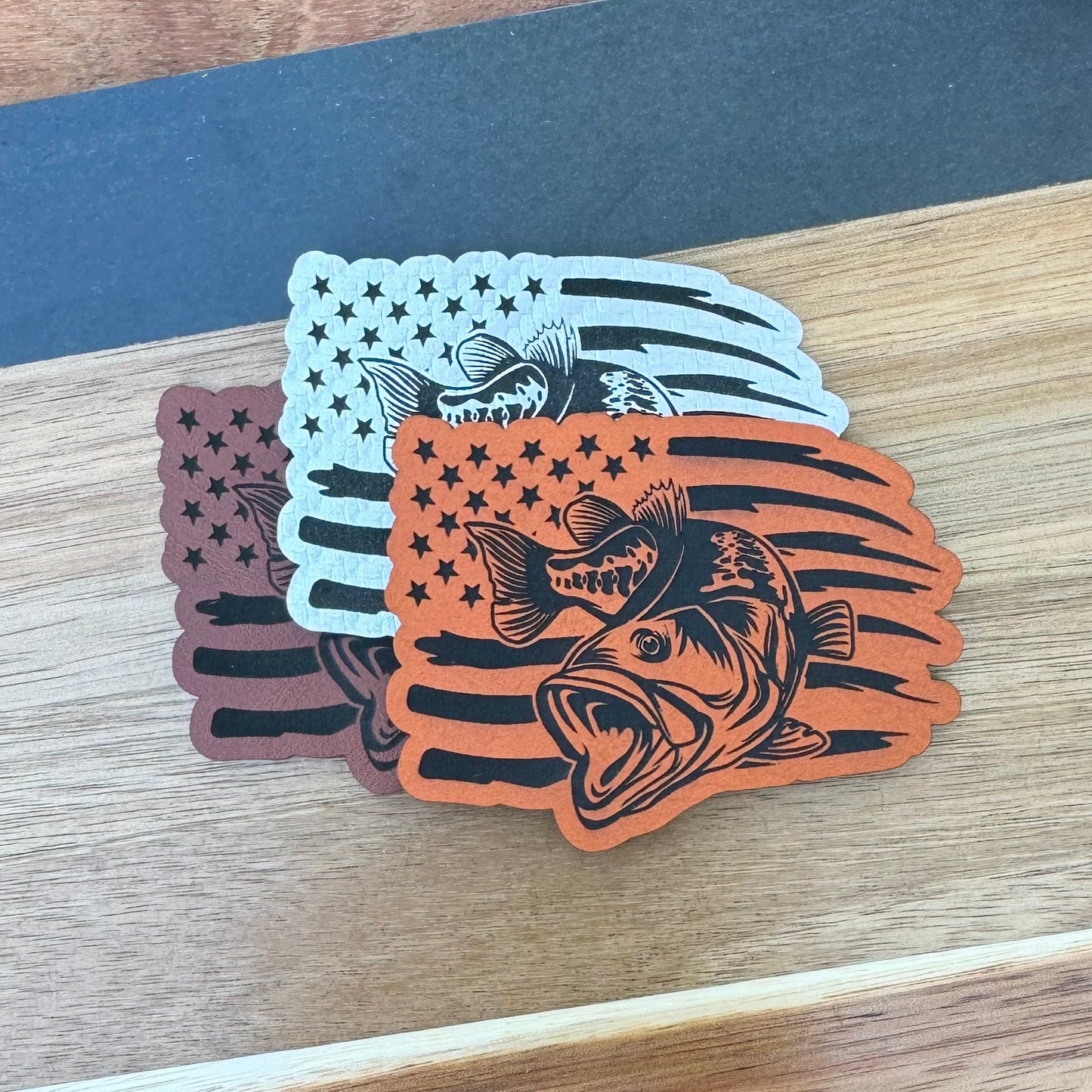 Bass Fishing Patch, Carbon Silver Engraved Leatherette, Fishing Wholesale patches