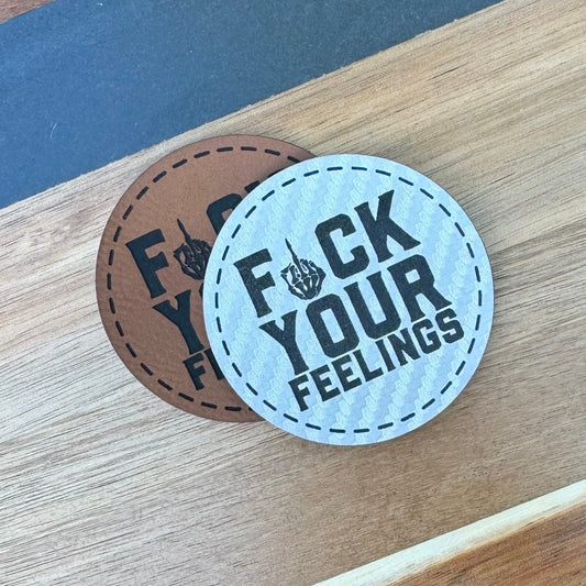 Fuck Your Feelings Skull Finger Patch for Hats, Carbon Silver Engraved Leatherette