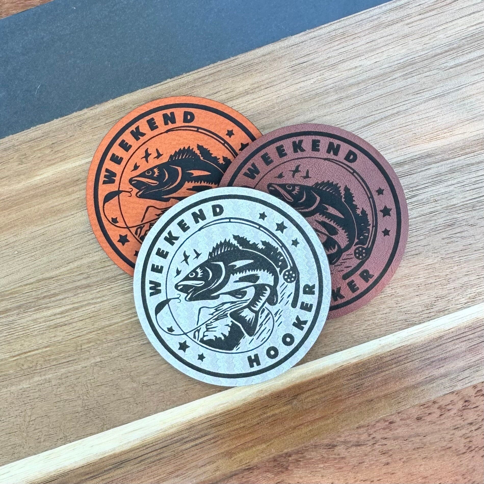 Weekend Hooker Funny Fishing Patch for Hats, Carbon Silver Engraved Leatherette, Fishing wholesale patches