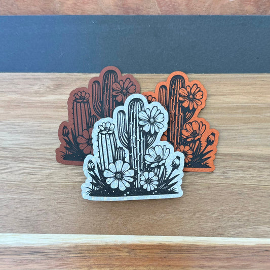 Cactus Floral Patch, Carbon Silver Engraved Leatherette, Wholesale patches