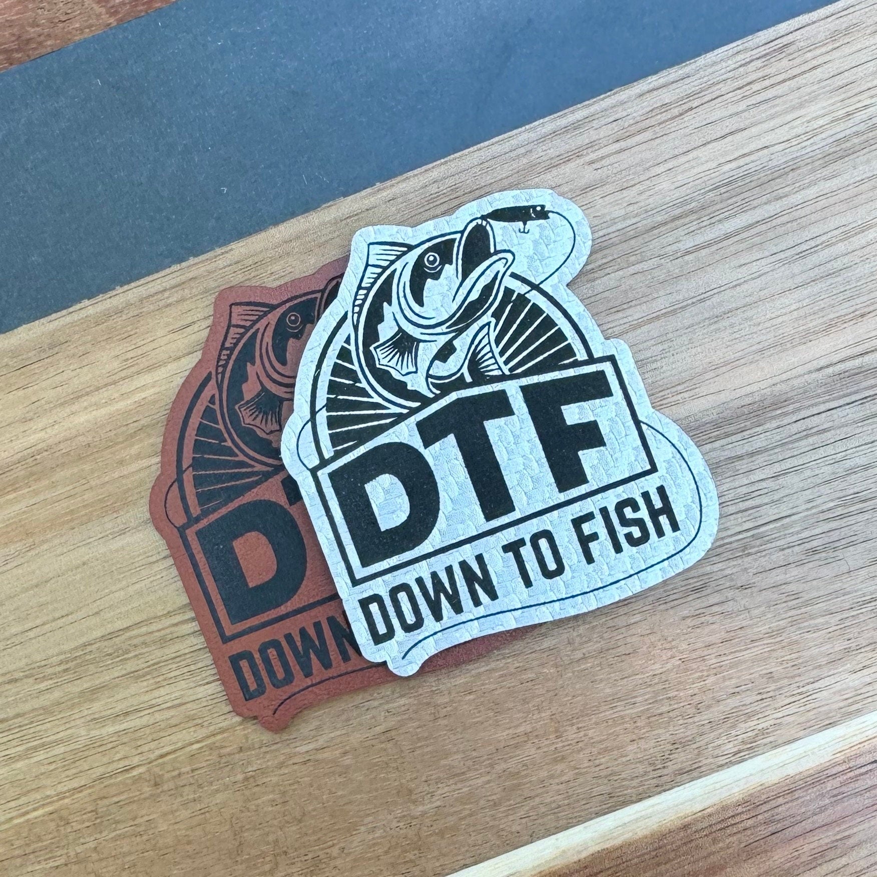 DTF Down To Fish Fishing Patch, Carbon Silver Engraved Leatherette, Fishing Lover Wholesale patches
