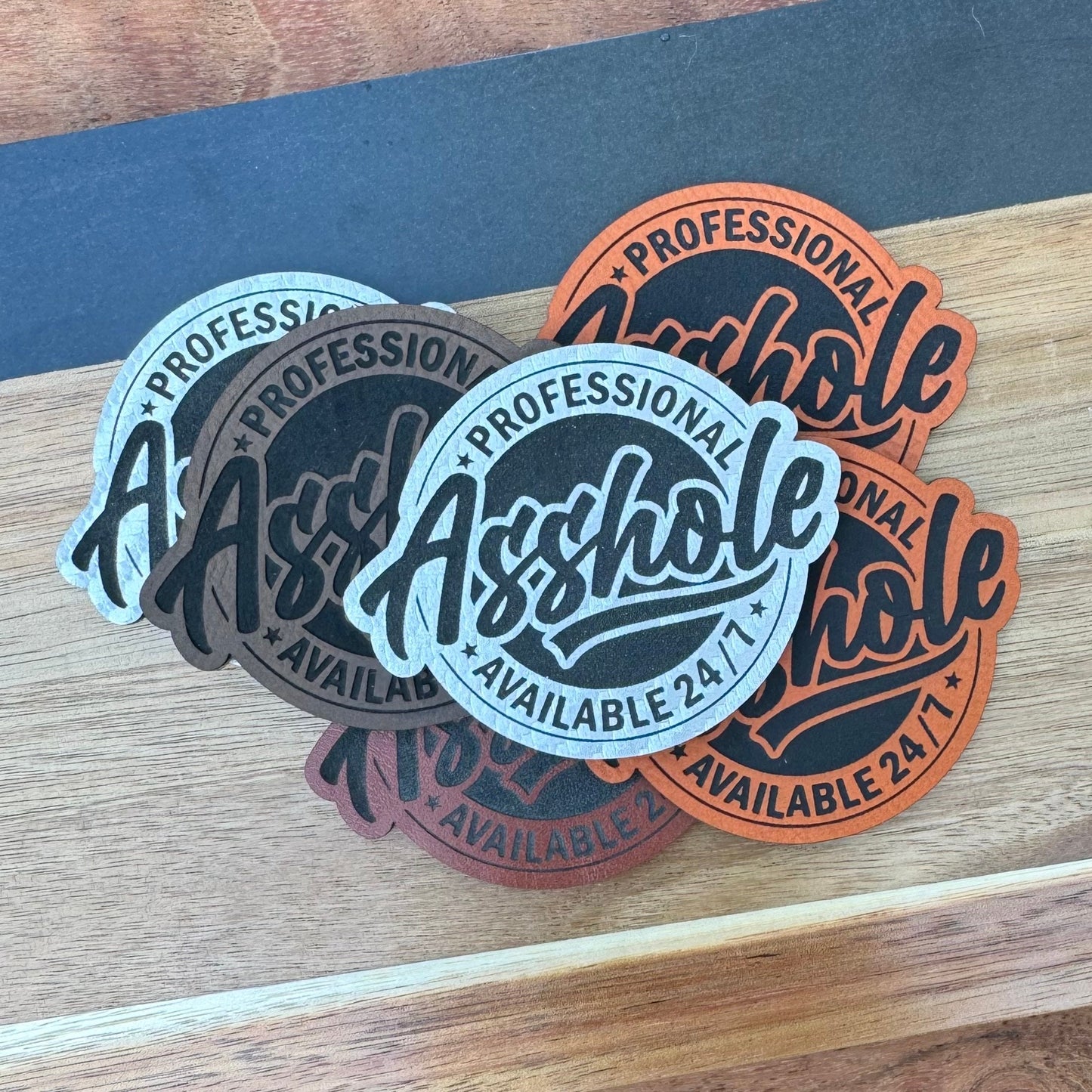 Professional Asshole Available 247 Funny Patch for Hats, Carbon Silver Engraved Leatherette, Wholesale patches