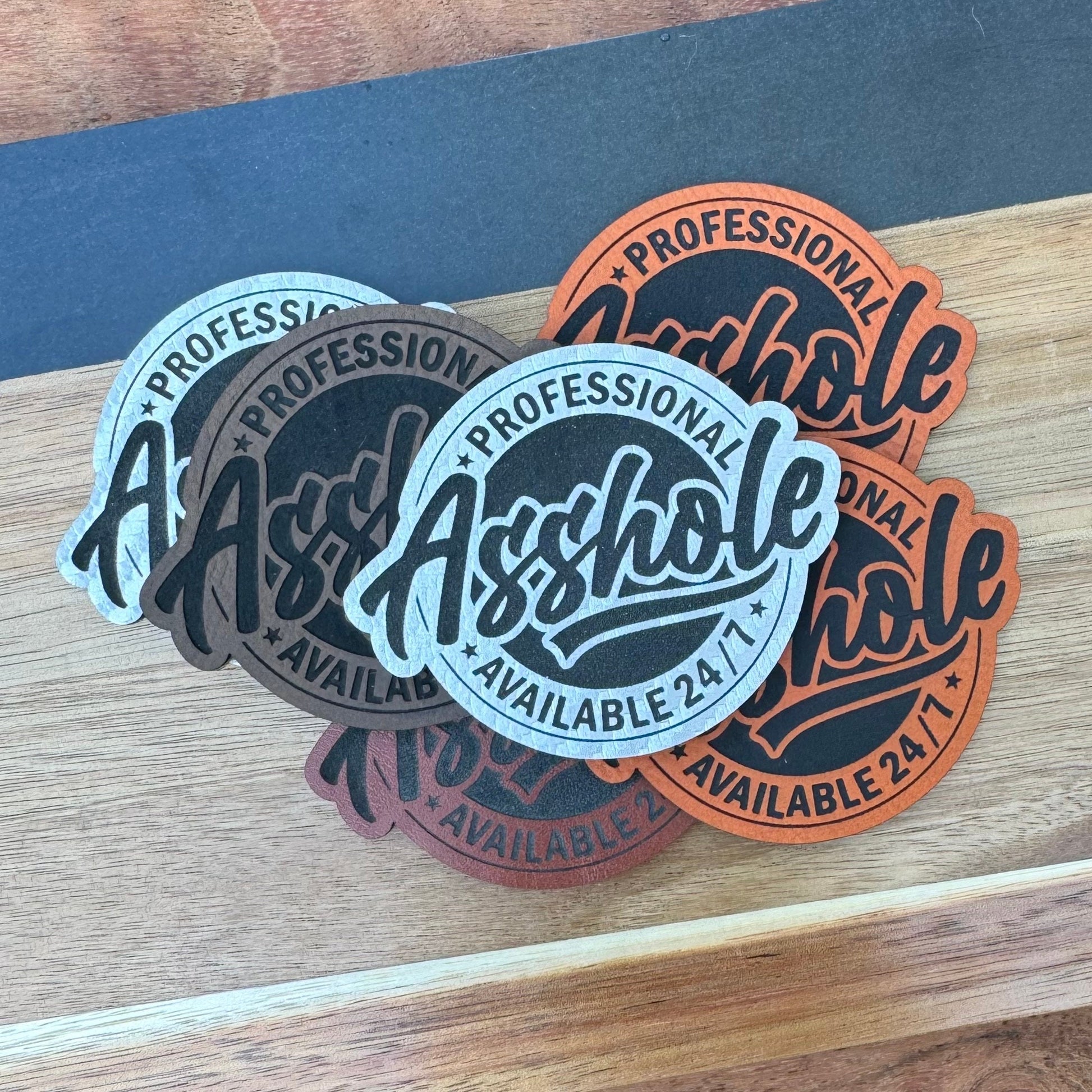 Professional Asshole Available 247 Funny Patch for Hats, Carbon Silver Engraved Leatherette, Wholesale patches