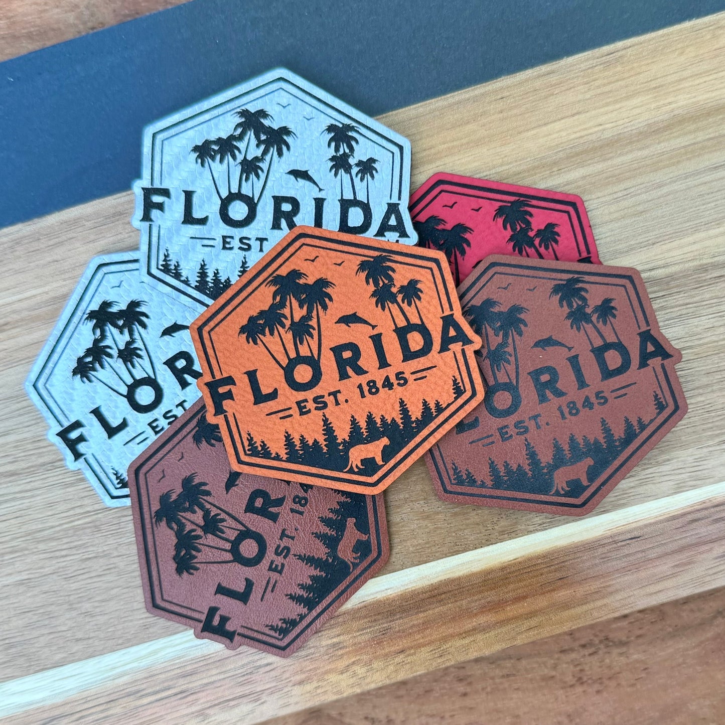 Florida State Patch for Hats, Carbon Silver Engraved Leatherette, Wholesale patches
