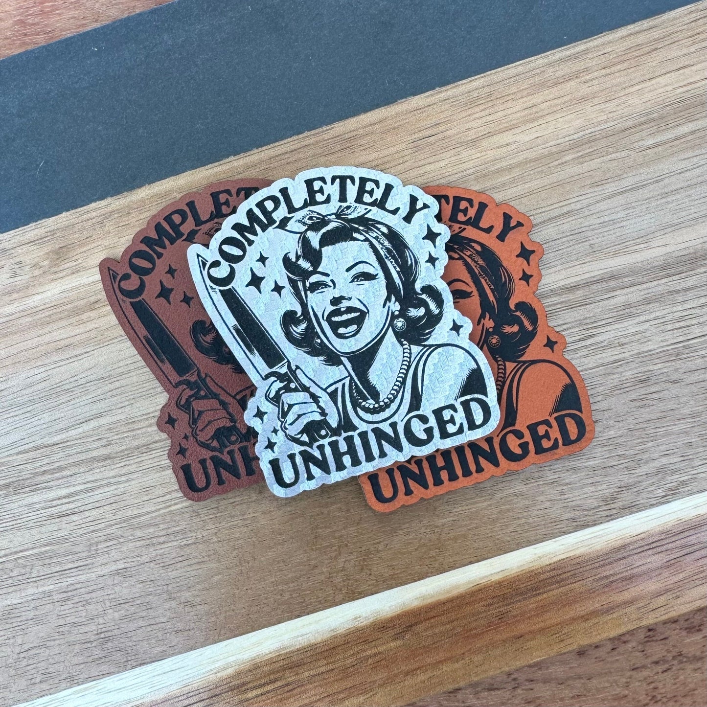 Completely Unhinged Patch for Hats, Carbon Silver Engraved Leatherette, Wholesale patches