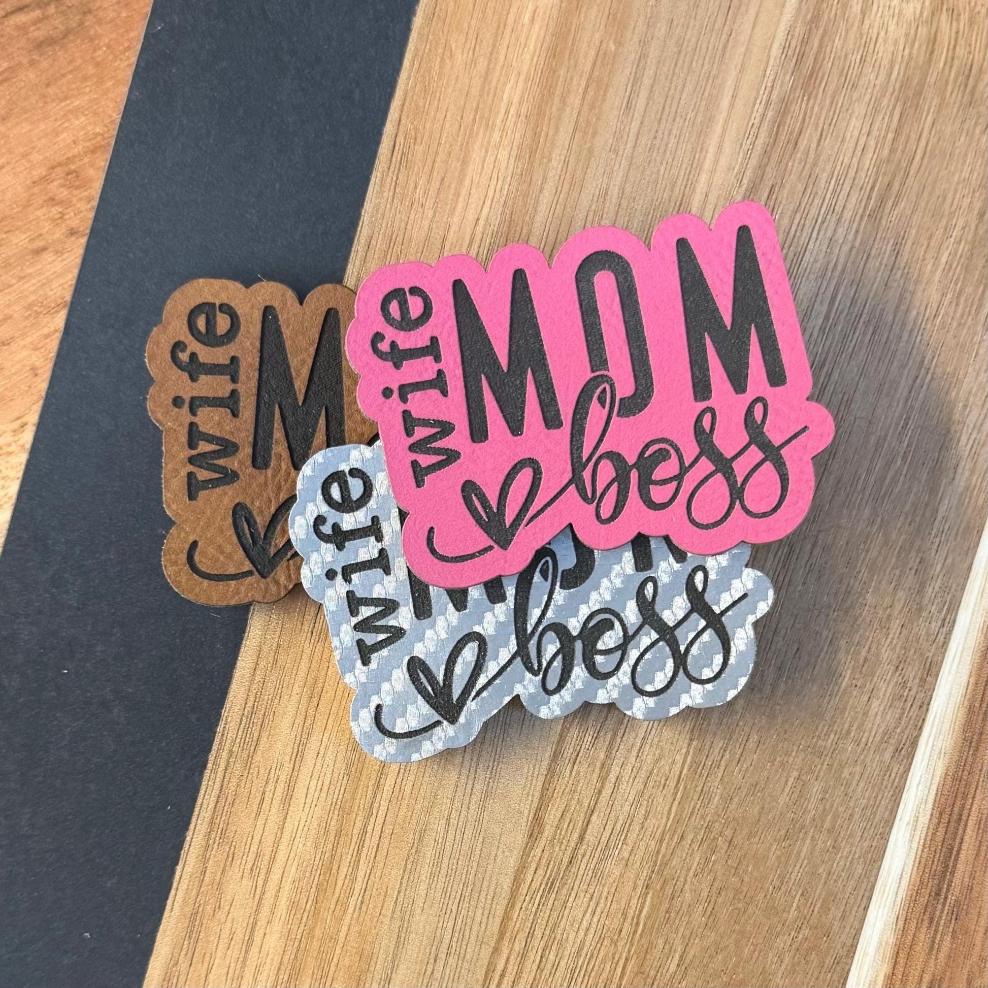 Wife Mom Boss Hat Patch: Engraved Leatherette Iron-On Patch