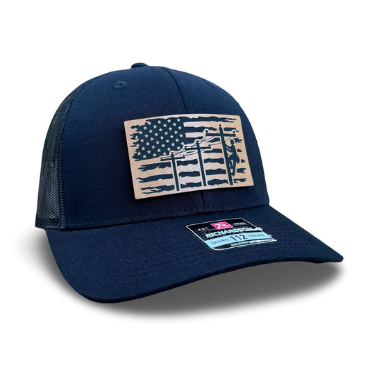 Lineman USA Flag Patch Hat - Journeyman Lineman Gift - Patriotic American Flag Trucker Hat