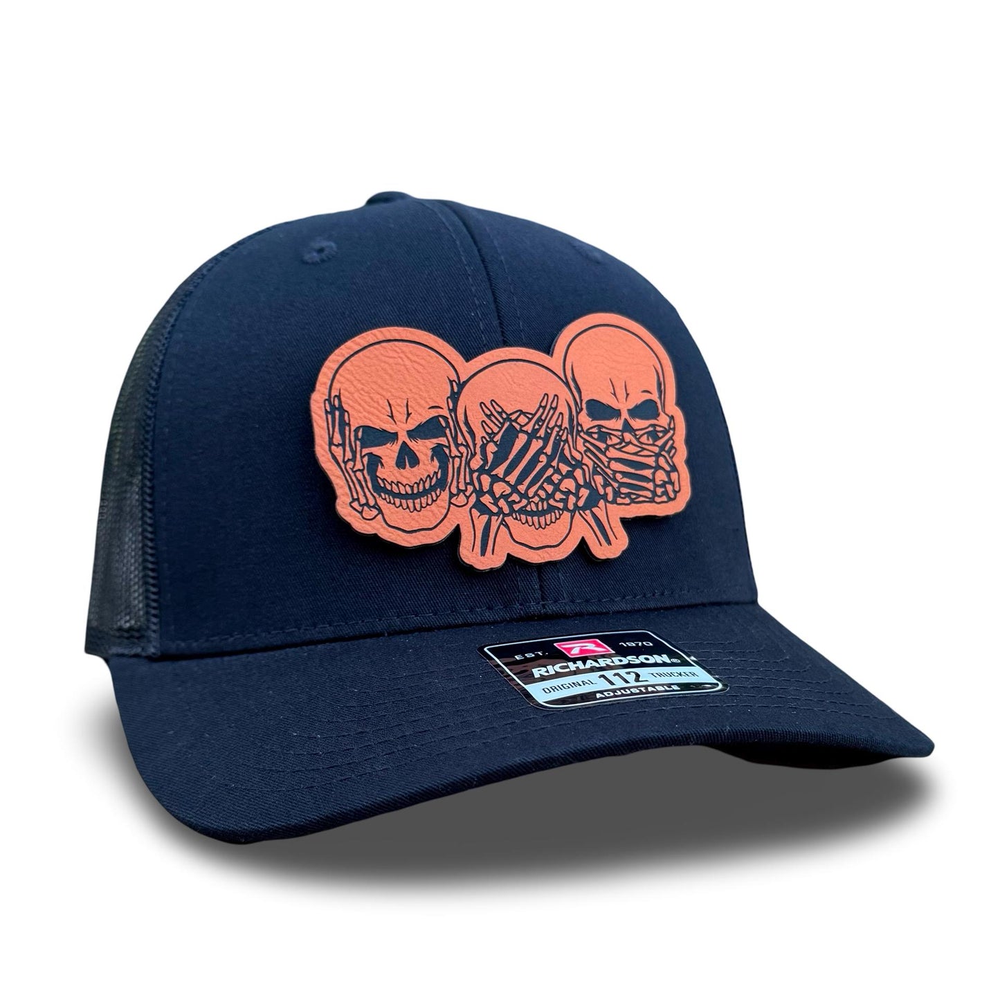 Funny Skeleton Skull Patch Hat - See No Evil Hear No Evil Gothic Humor Trucker Hat