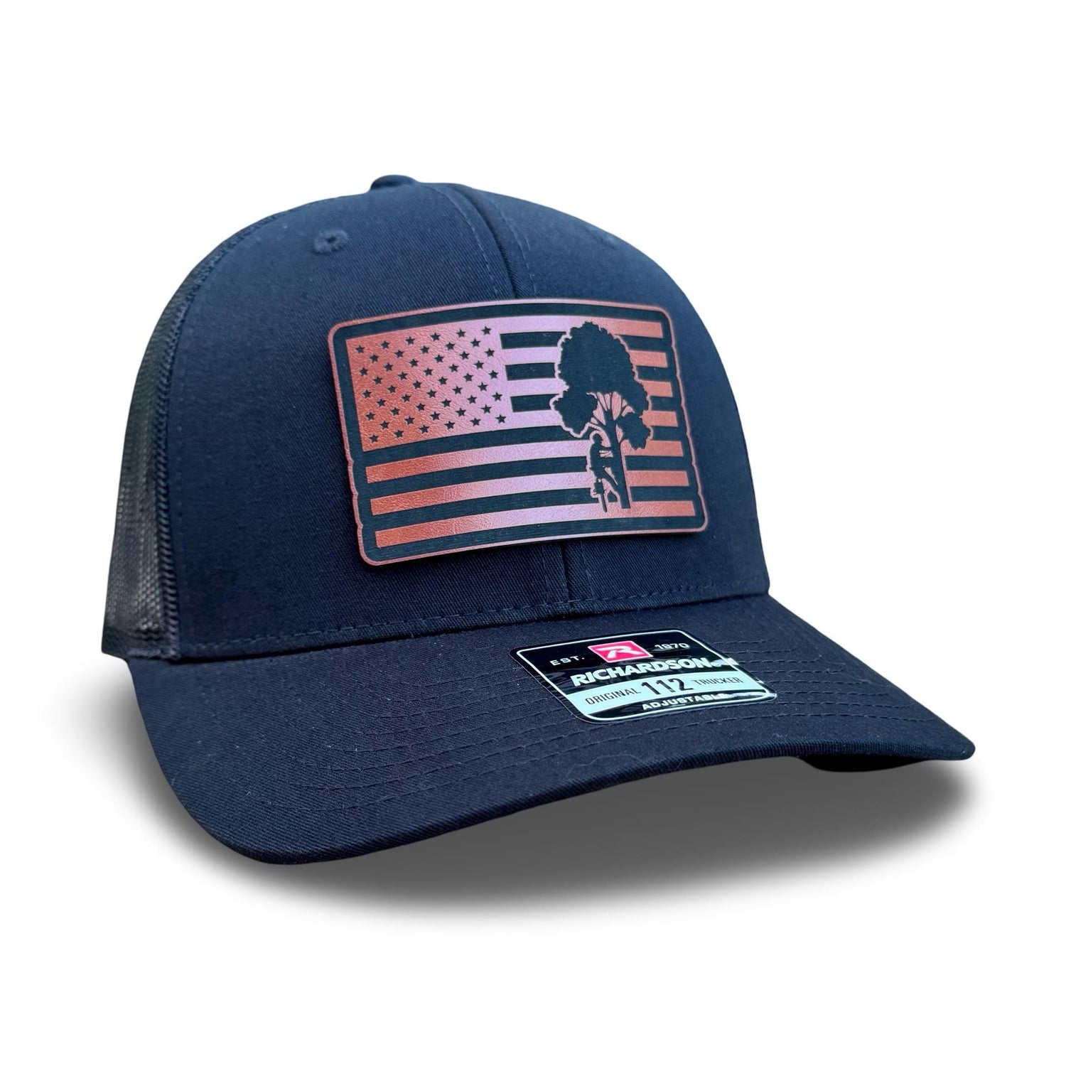 Arborist USA Flag Patch Hat - Tree Climber Trucker Hat - Patriotic Tree Care Worker Gift - Tree Surgeon Blue Collar Apparel