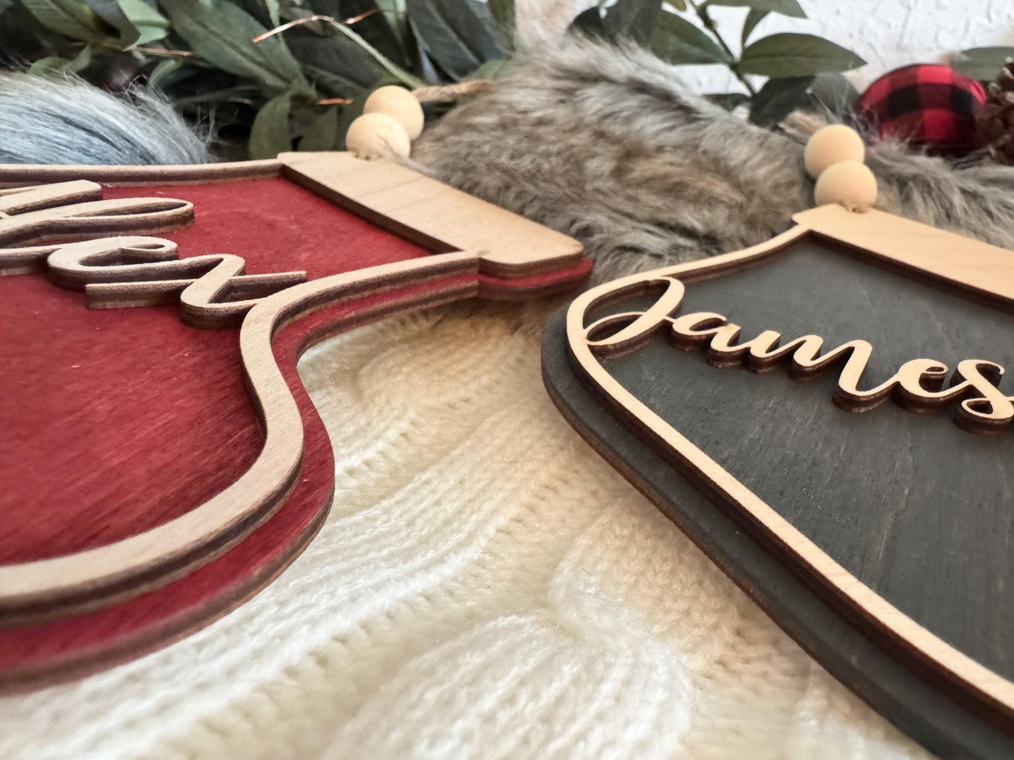 Personalized Christmas Tree Stocking Tag - Wooden Ornaments with Names - Kids Pets & Family Stocking Tags