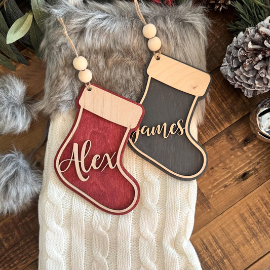 Personalized Christmas Tree Stocking Tag - Wooden Ornaments with Names - Kids Pets & Family Stocking Tags