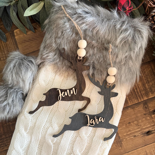 Deer Stocking Holiday Name Tag - Gift Tags With Names for Christmas - Pet Name Tags - Christmas Ornaments