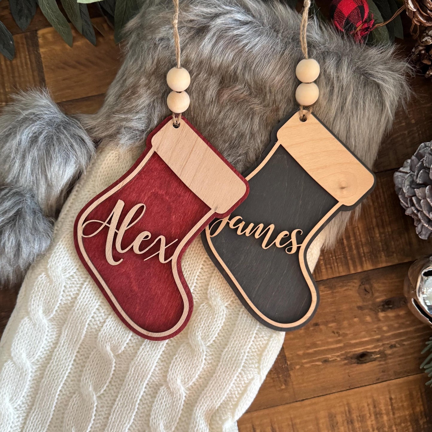 Personalized Christmas Tree Stocking Tag - Wooden Ornaments with Names - Kids Pets & Family Stocking Tags