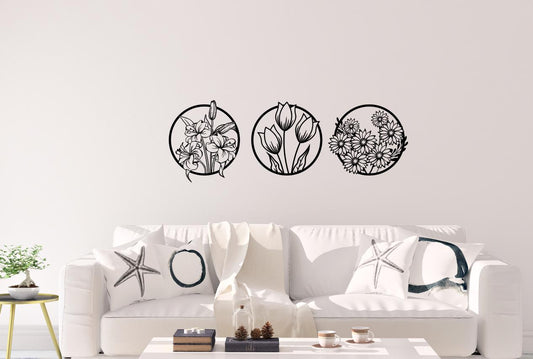 Floral Wood Wall Decor Set - Cottagecore Plant Trio - 3 Piece Flower Wood Wall Decor Set