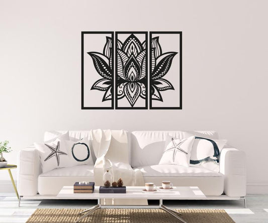 Mandala Wood Wall Art Set of 3 - Exotic Mandala Flower Wood Panels Home Decor - Yoga Studio Wall Hanging