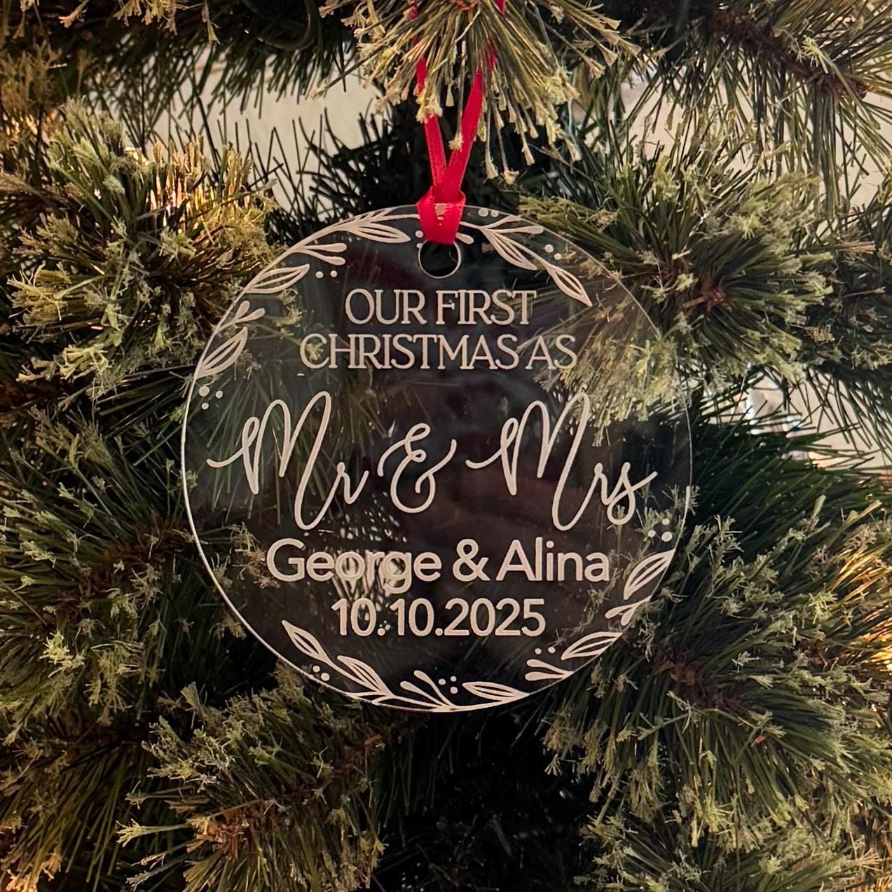 Personalized First Christmas Ornament Acrylic | Engraved Wedding Ornament with Names and Date | Newlywed Mr & Mrs Holiday Keepsake