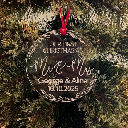 Personalized First Christmas Ornament Acrylic | Engraved Wedding Ornament with Names and Date | Newlywed Mr & Mrs Holiday Keepsake