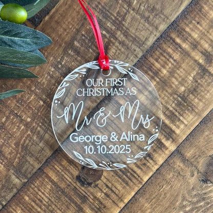 Personalized First Christmas Ornament Acrylic | Engraved Wedding Ornament with Names and Date | Newlywed Mr & Mrs Holiday Keepsake