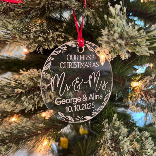 Personalized First Christmas Ornament Acrylic | Engraved Wedding Ornament with Names and Date | Newlywed Mr & Mrs Holiday Keepsake