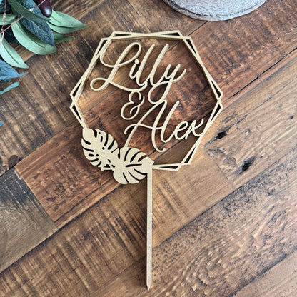 Personalized Tropical Wedding Cake Topper with Names - Monstera Palm Leaf Party Decor
