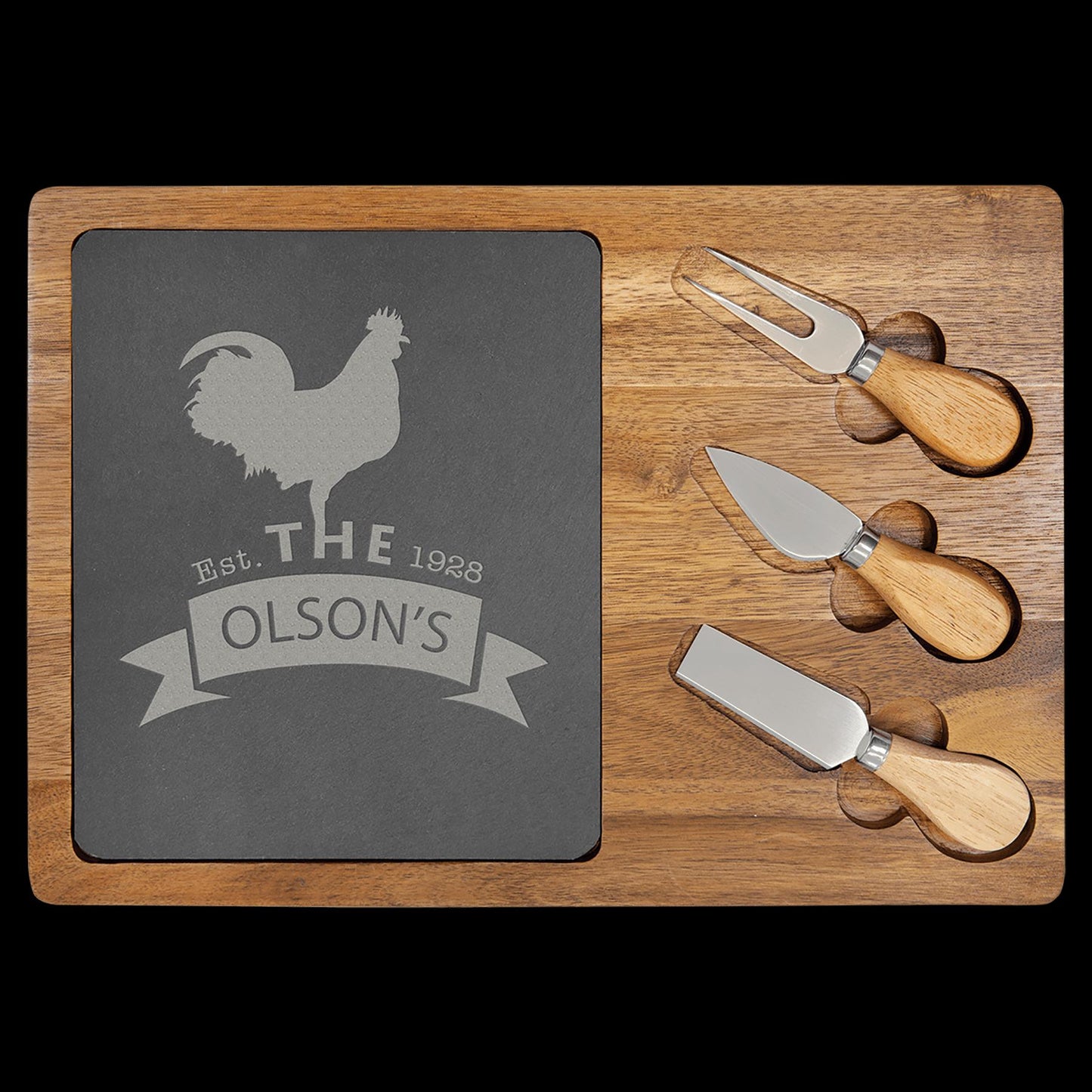 Personalized Acacia Wood & Slate Cheese Board Set with Knives, Engraved Name or Logo