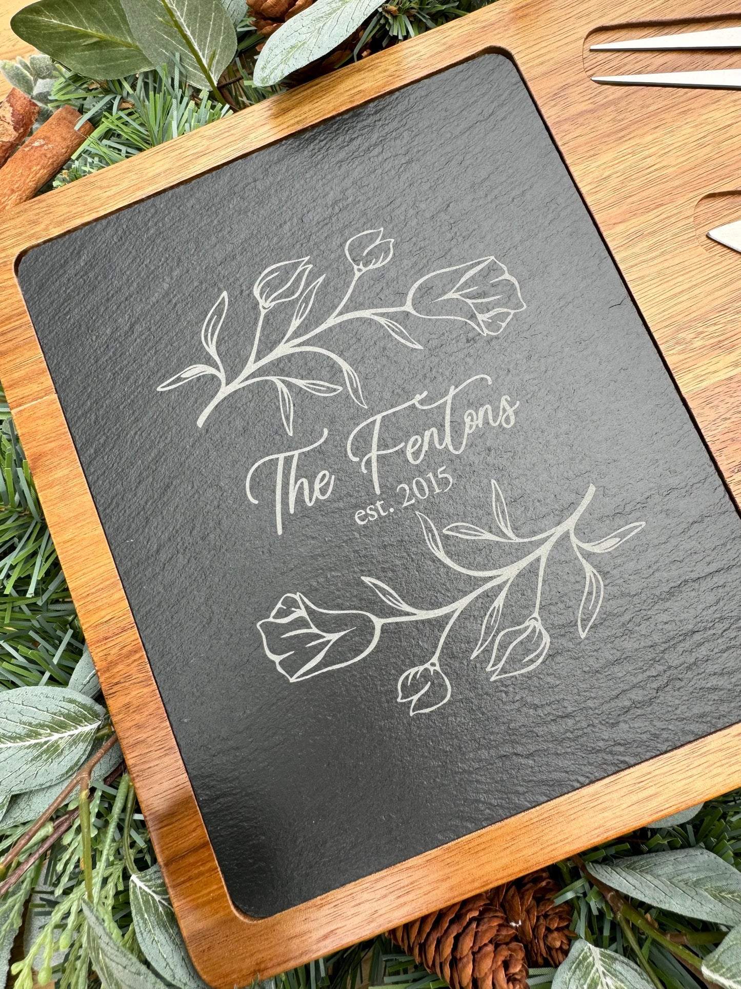 Personalized Acacia Wood & Slate Cheese Board Set with Knives, Engraved Name or Logo