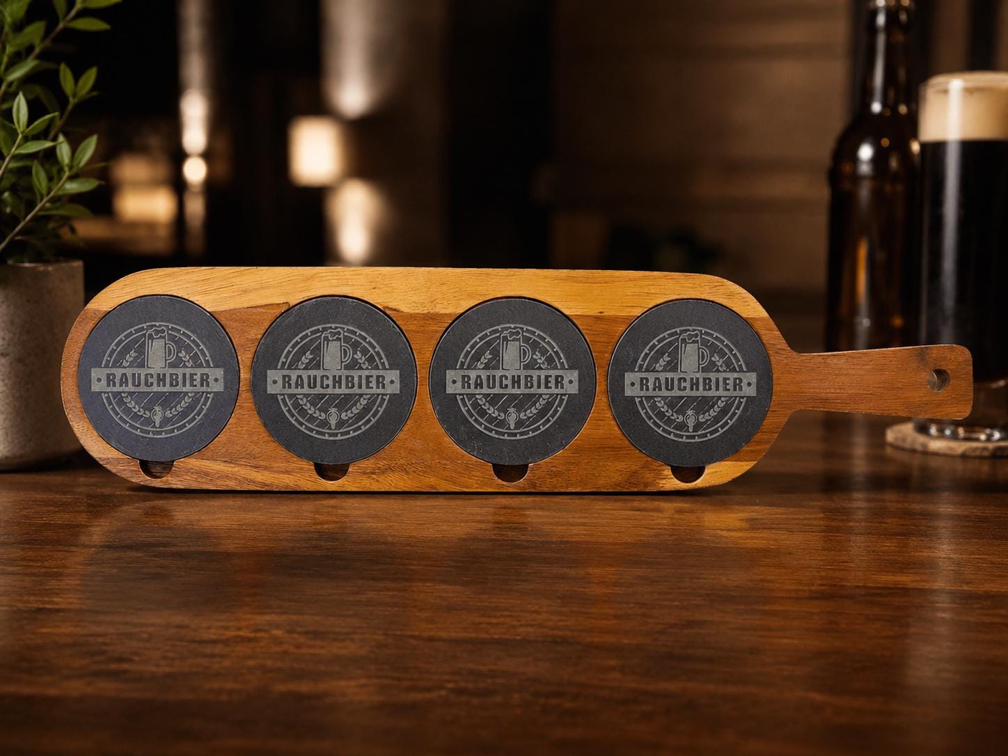 Acacia Wood Slate Flight Board with 4 Engraved Coasters, Custom Logo Tasting Set