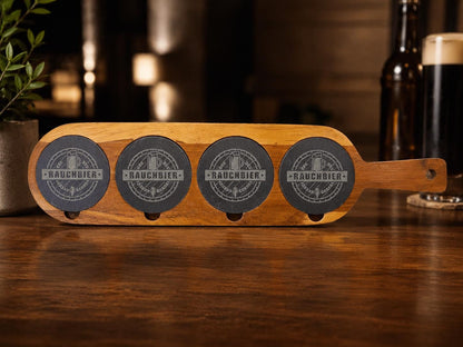 Acacia Wood Slate Flight Board with 4 Engraved Coasters, Custom Logo Tasting Set